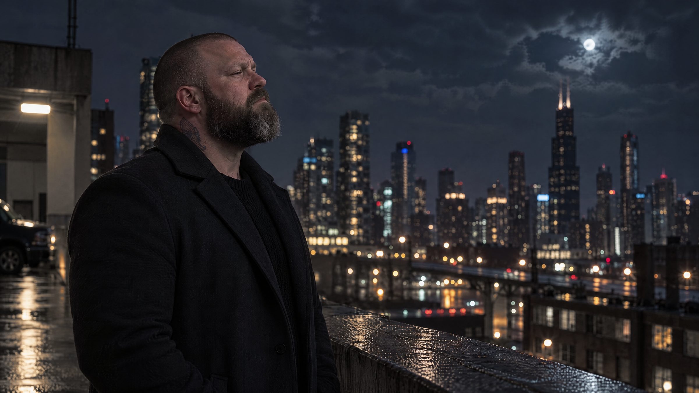 Brod Miles on a rooftop at night, the city skyline and the moon behind him